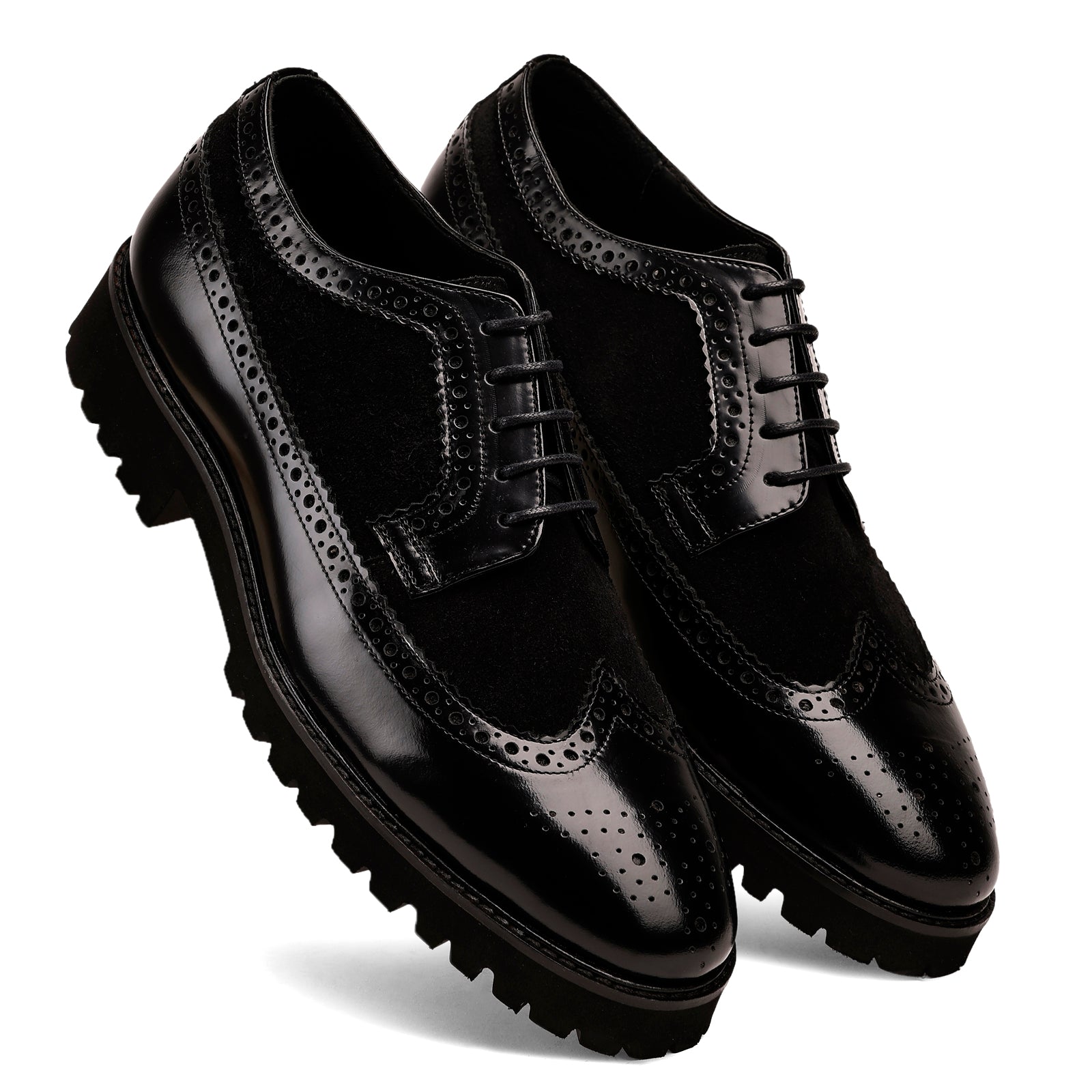 FRONK ROYALE Eclipse Suede Wingtip Black Derby Shoes - Black handcrafted leather derby shoes for men, view 6