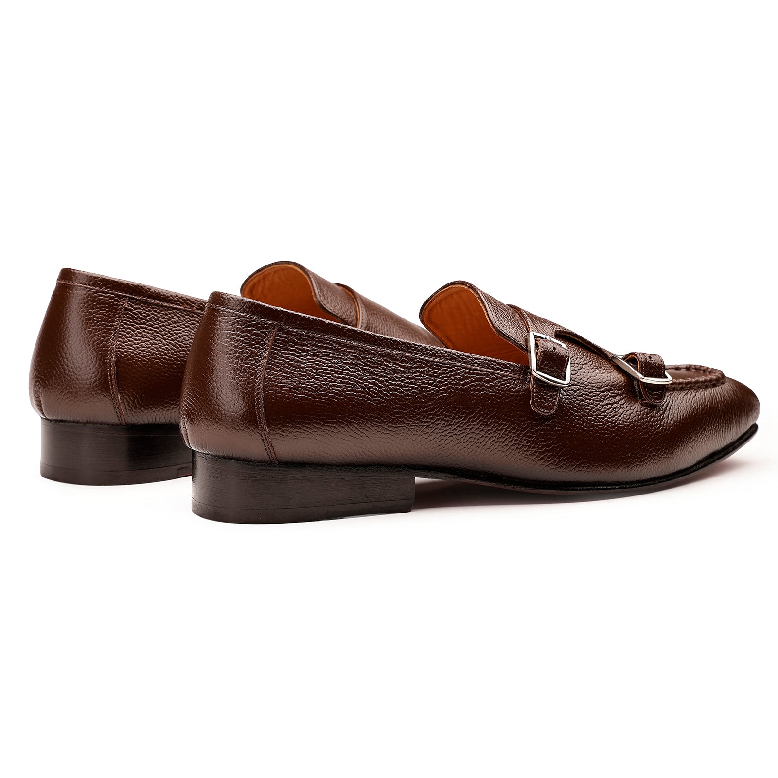 FRONK ROYALE Brown Double Monk Strap Shoes in Milled Leather - Brown handcrafted leather monk strap shoes for men, view 2