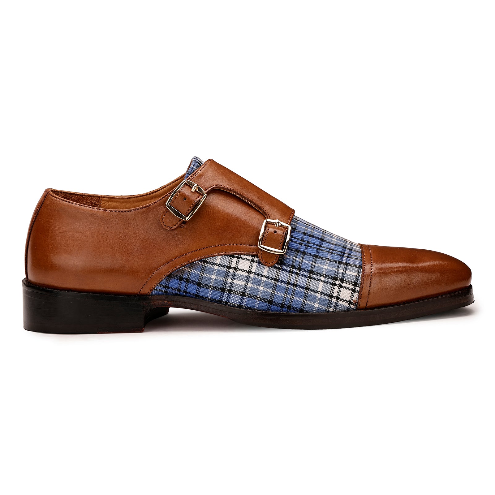 FRONK ROYALE Heritage Check Brown Double Monk Strap Shoes - Brown handcrafted leather monk strap shoes for men, view 3