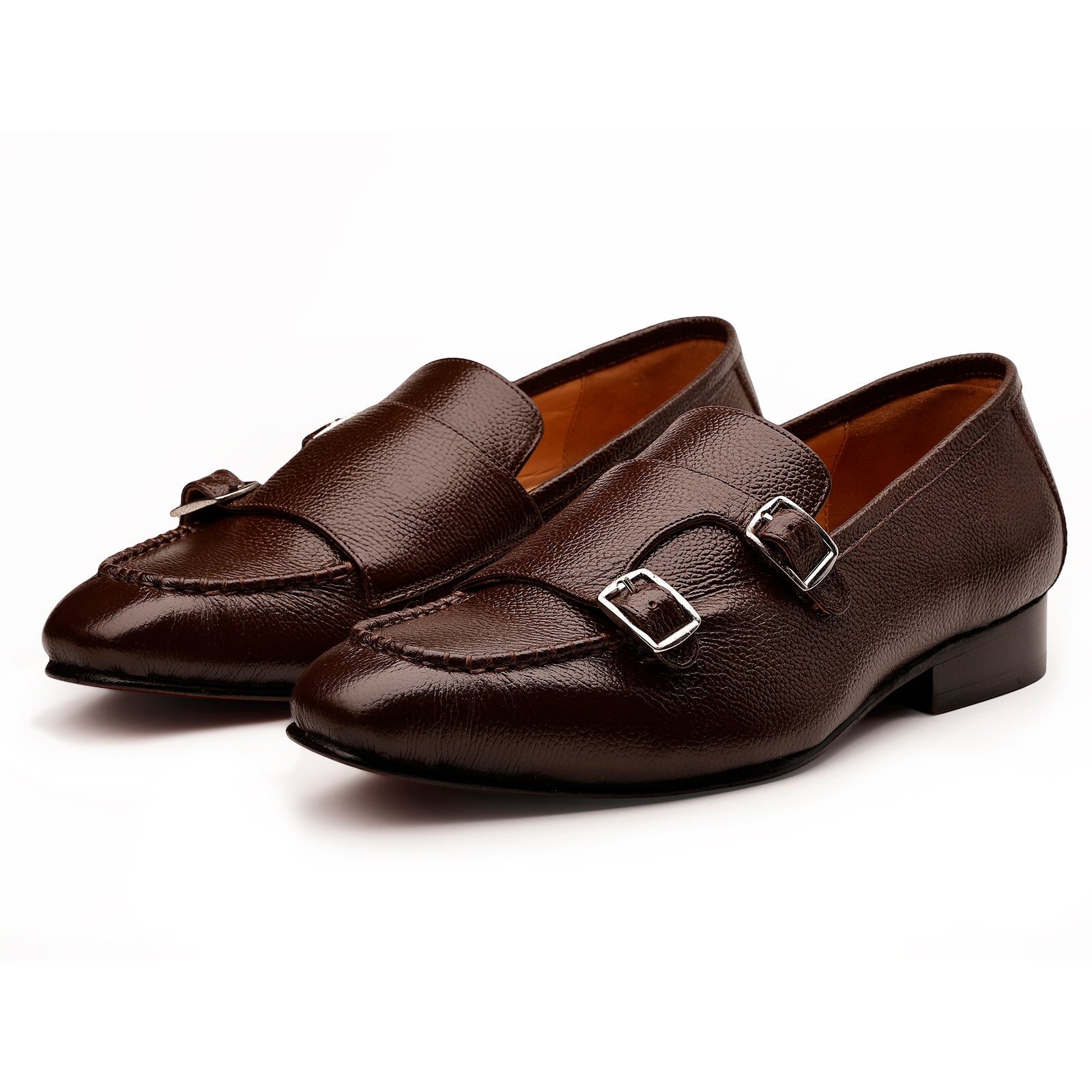 FRONK ROYALE Brown Double Monk Strap Shoes in Milled Leather - Brown handcrafted leather monk strap shoes for men, view 1