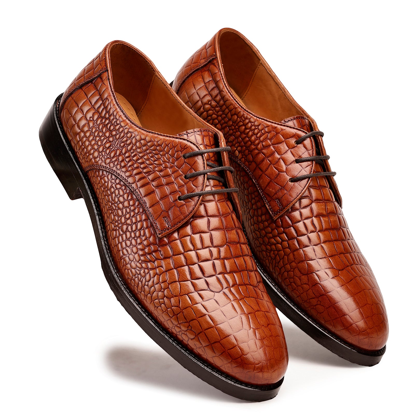 FRONK ROYALE CrocCraft Croc-Pattern Derby Shoes - Brown handcrafted leather derby shoes for men, view 6