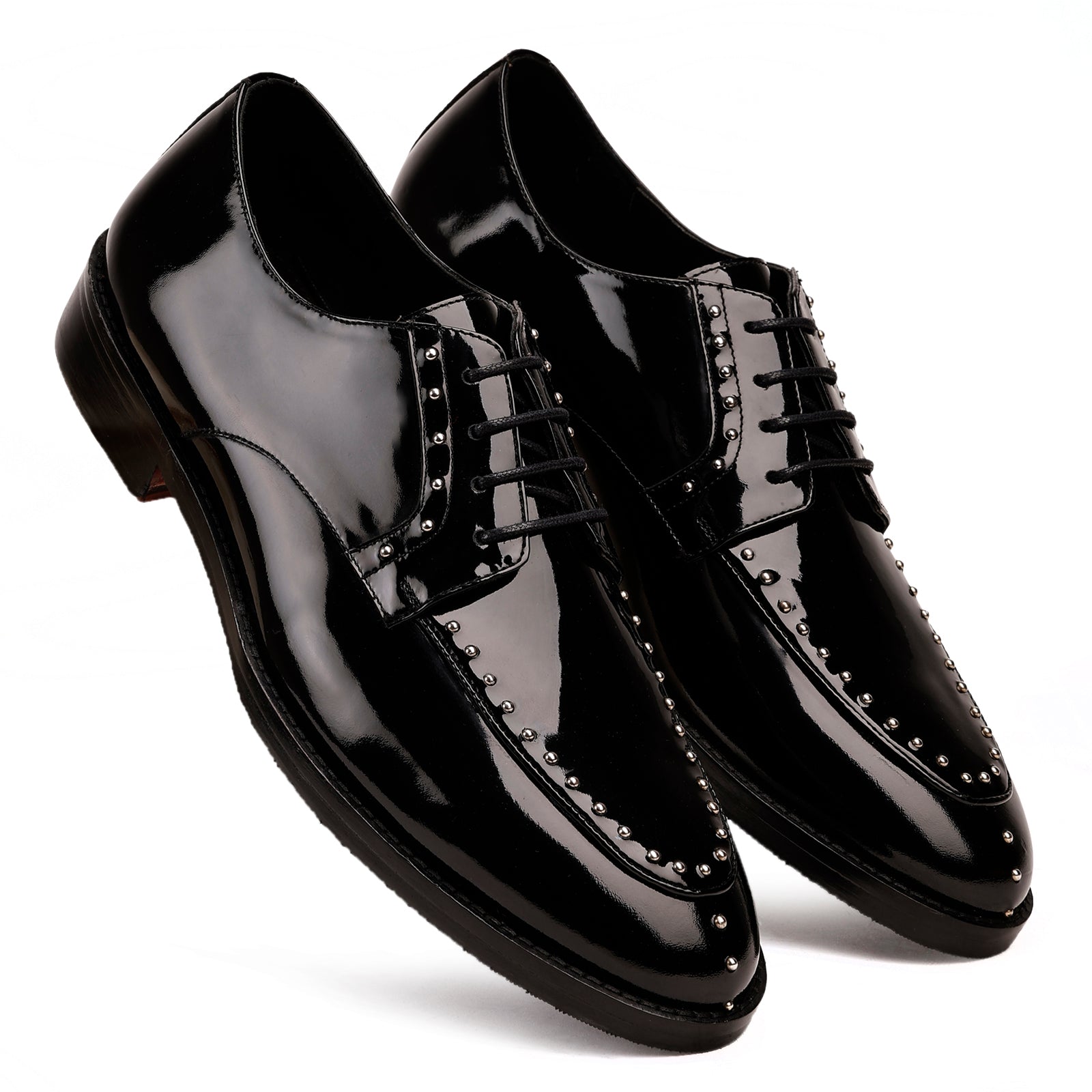 FRONK ROYALE Midnight Ember Stud Black Patent Derby Shoes - Black handcrafted leather derby shoes for men, view 6
