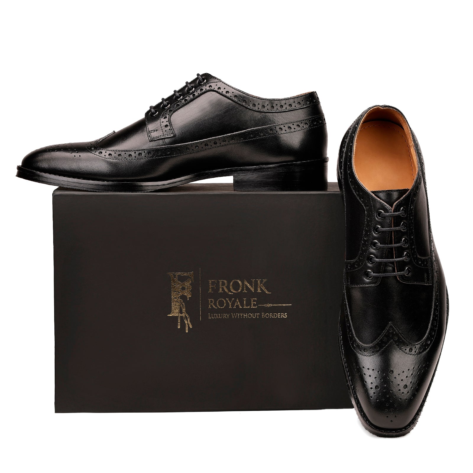 FRONK ROYALE Blackstone Wingtip Black Derby Shoes - Black handcrafted leather derby shoes for men, view 7