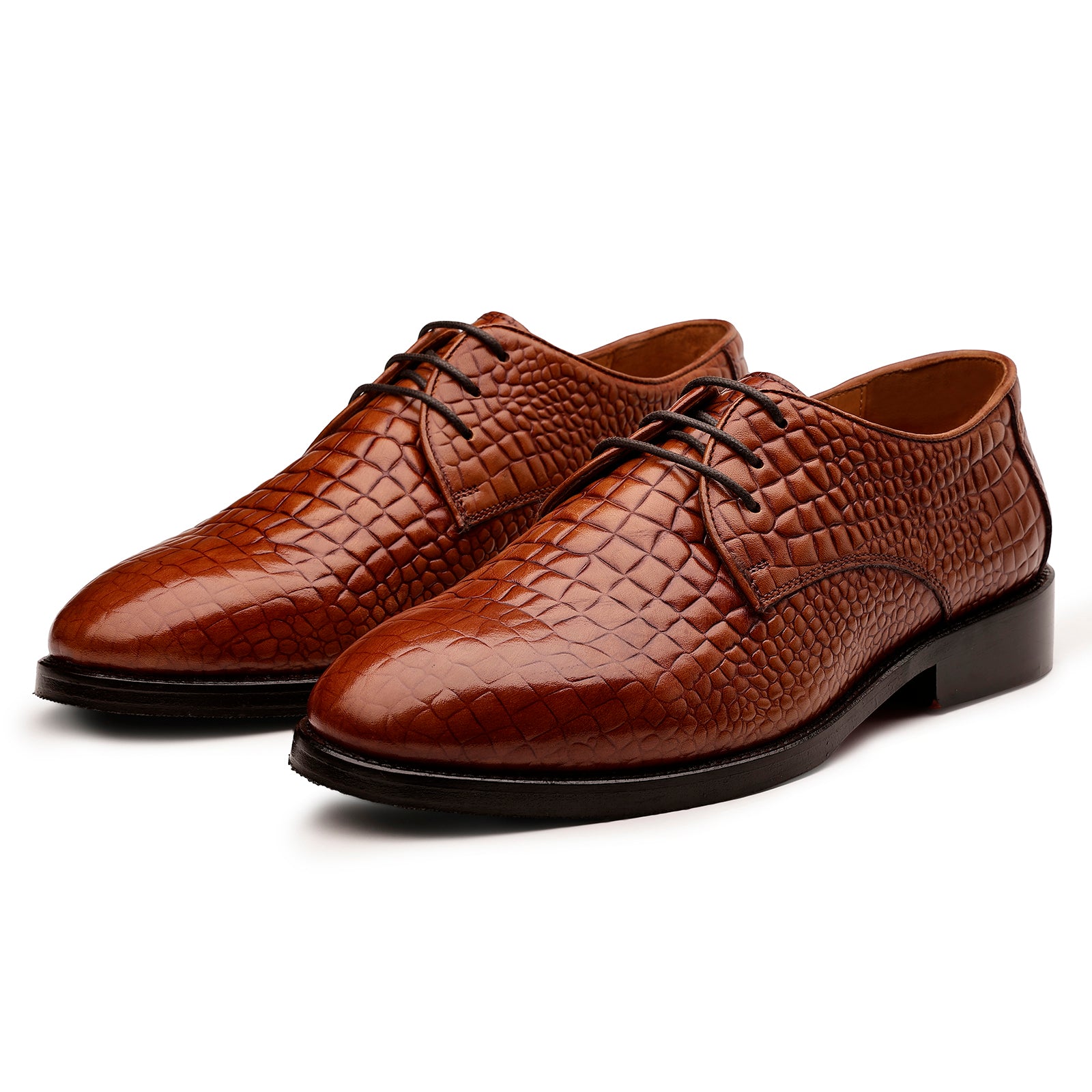 FRONK ROYALE CrocCraft Croc-Pattern Derby Shoes - Brown handcrafted leather derby shoes for men, view 1
