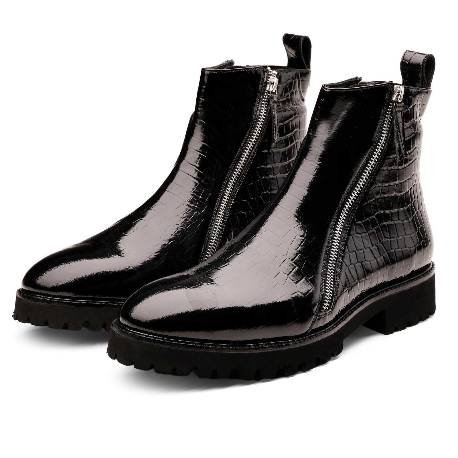 FRONK ROYALE Eclipse Venom Black Croc Zip Boots - Black handcrafted leather zipper boots for men, view 1