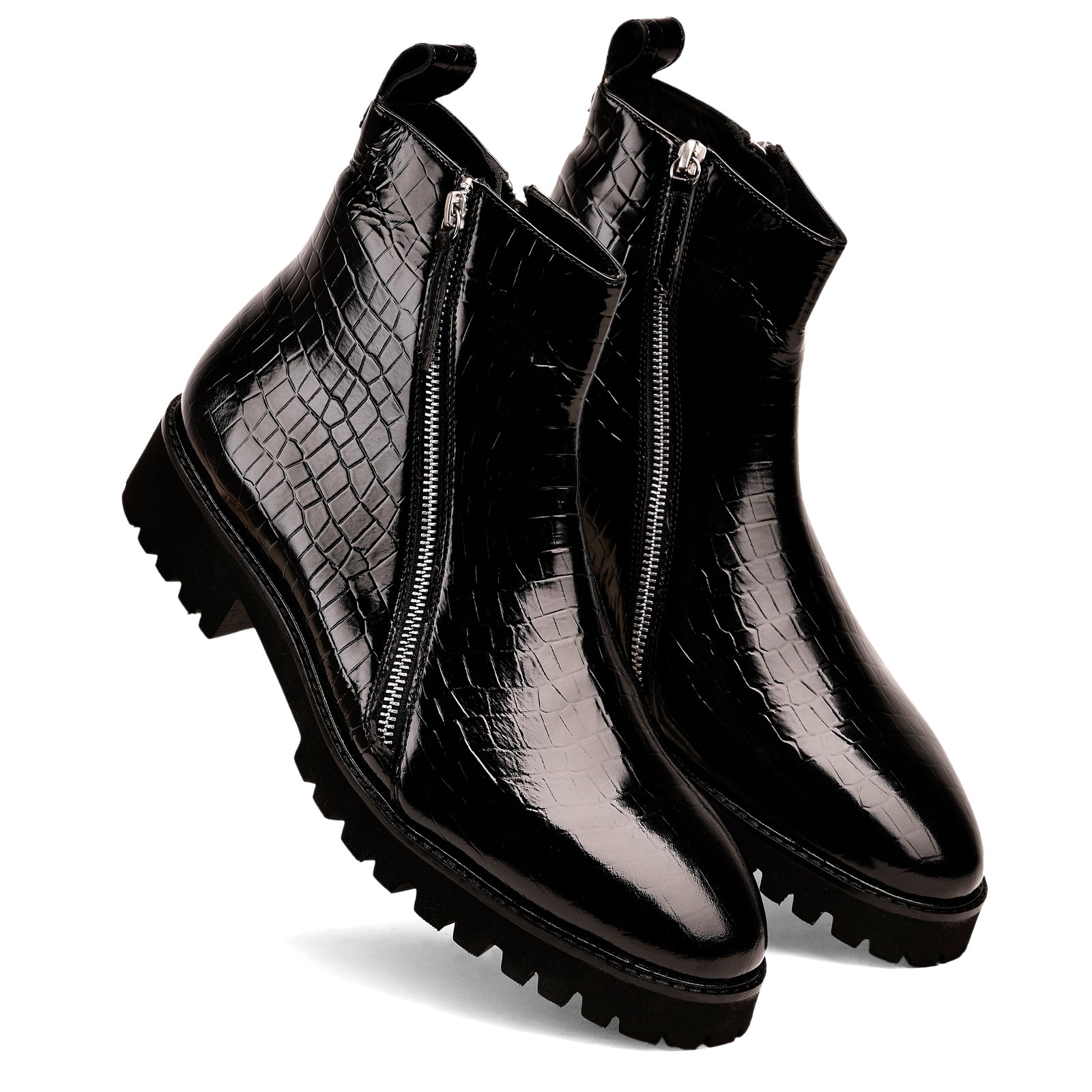 FRONK ROYALE Eclipse Venom Black Croc Zip Boots - Black handcrafted leather zipper boots for men, view 6