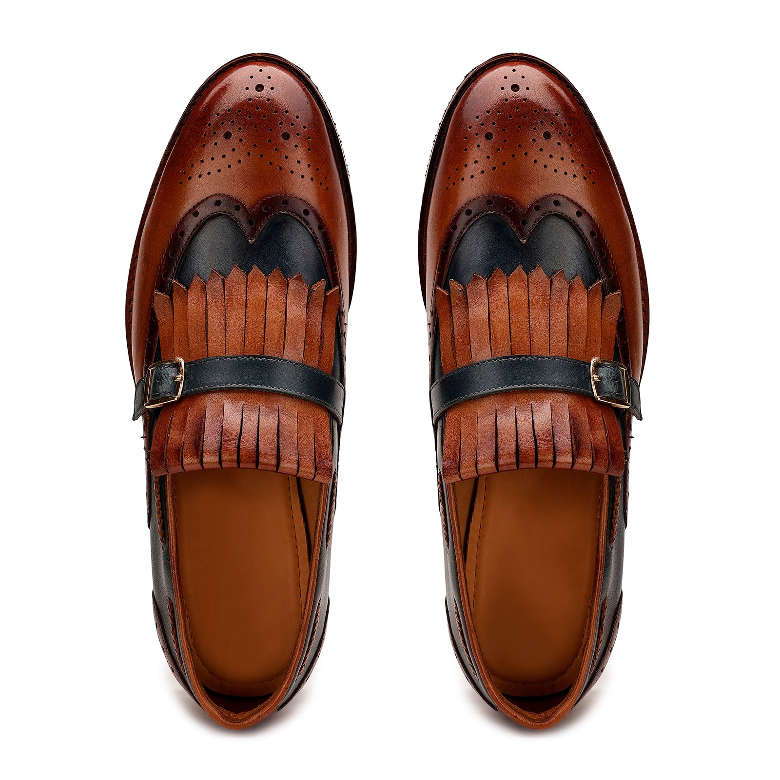 FRONK ROYALE Regent Wingtip Kiltie Strap Loafers - Tan Brown handcrafted leather loafers for men, view 4