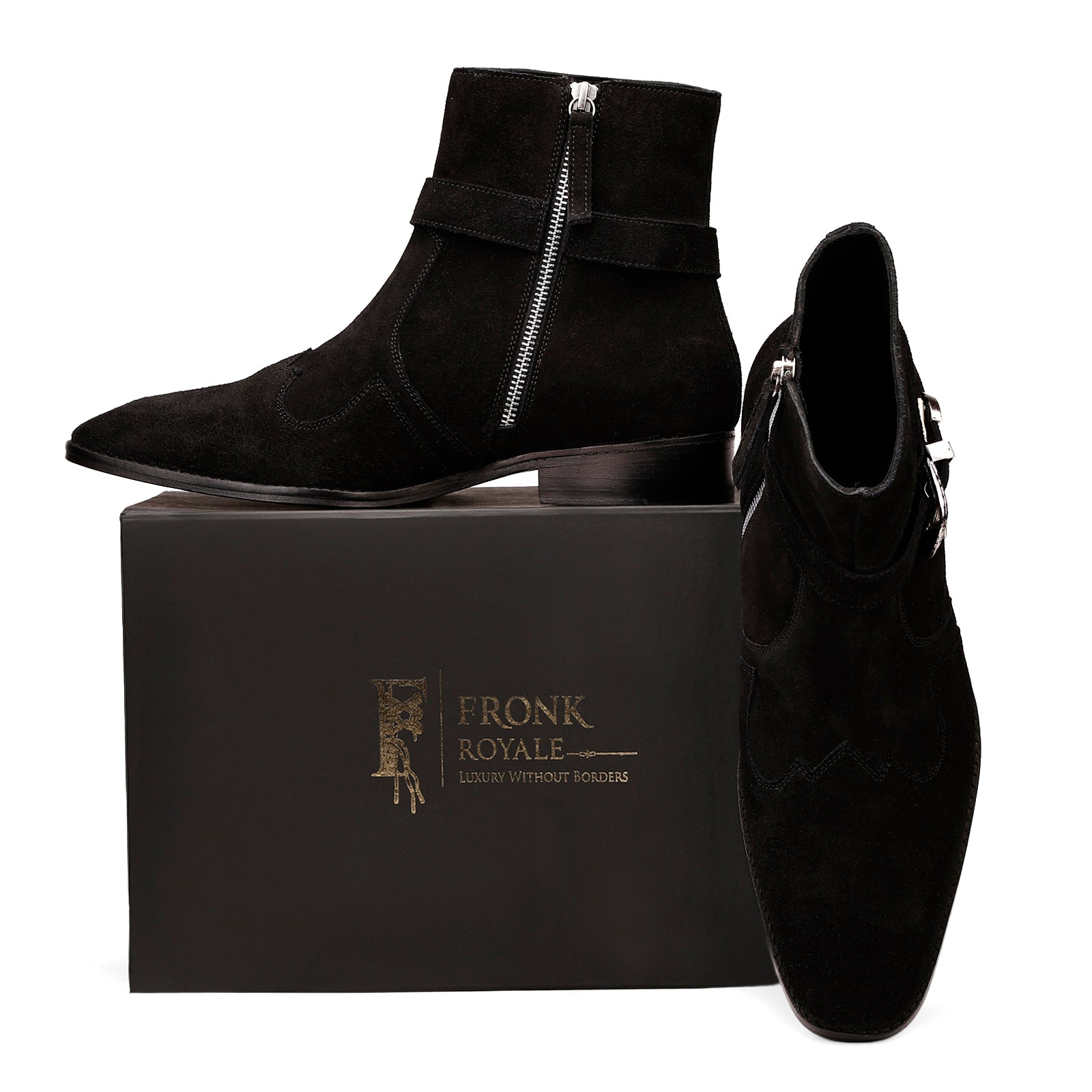 FRONK ROYALE Nocturne Buckle Black Suede Zipper Boots - Black handcrafted leather zipper boots for men, view 7