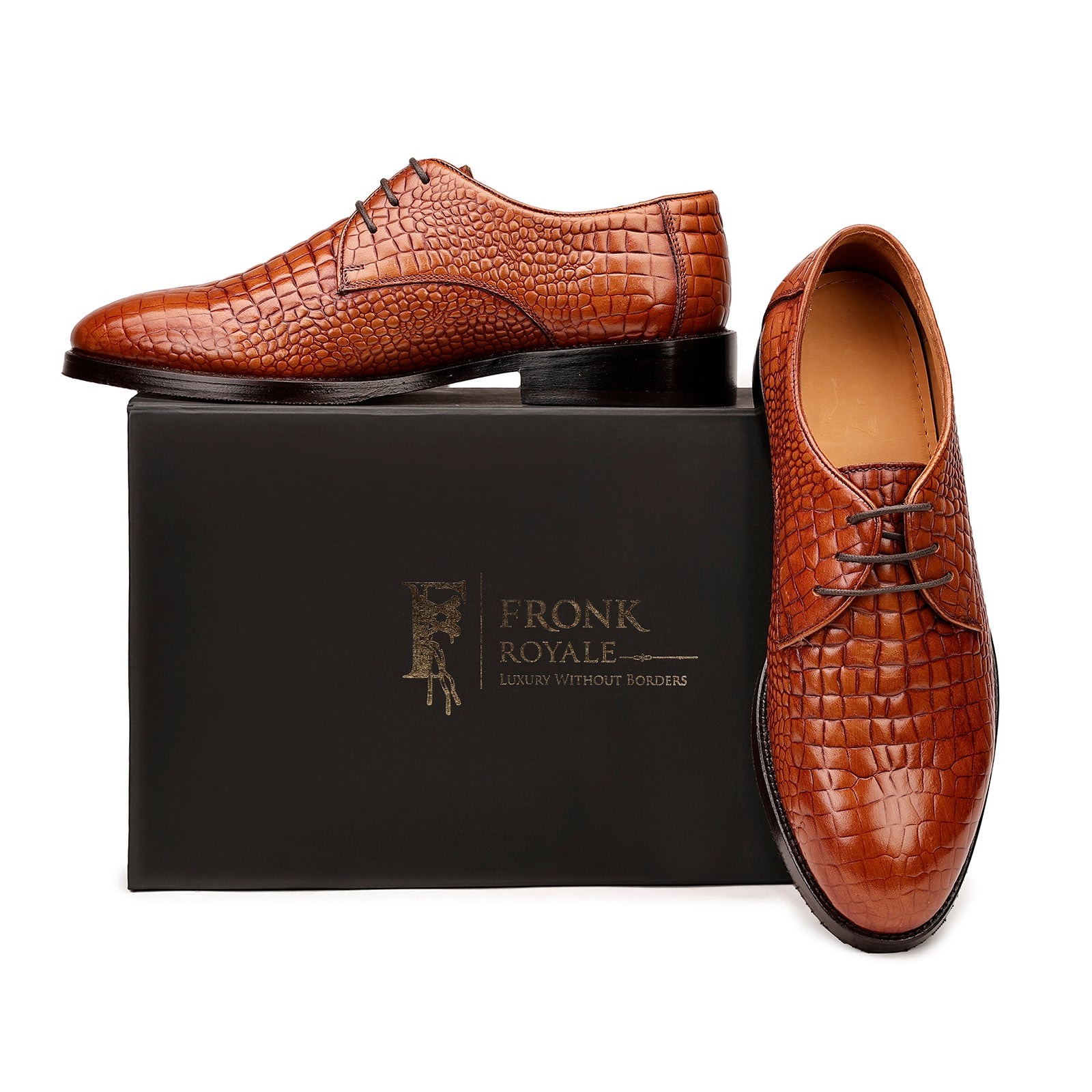 FRONK ROYALE CrocCraft Croc-Pattern Derby Shoes - Brown handcrafted leather derby shoes for men, view 7