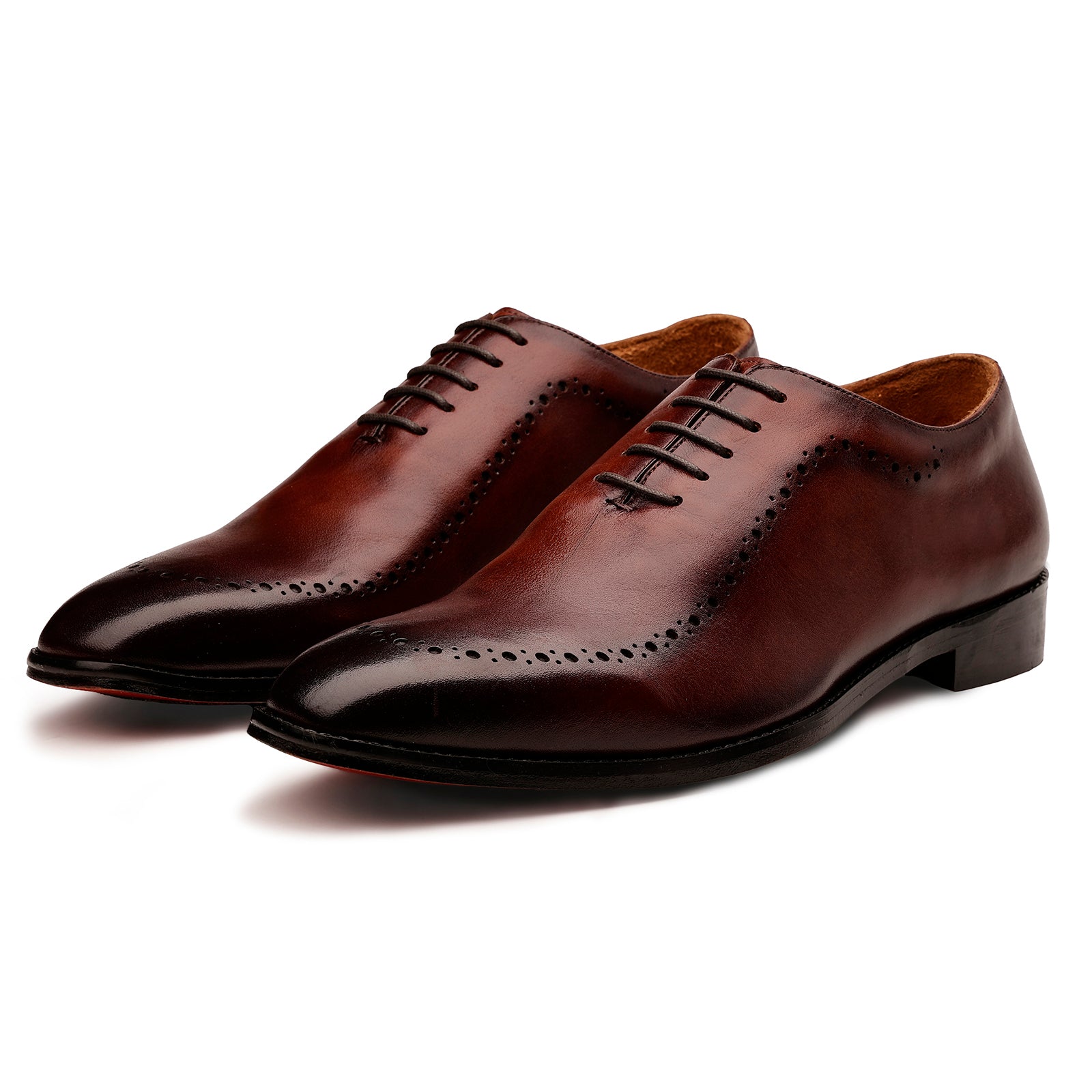 FRONK ROYALE Burnished Edge Wholecut Oxford Shoes - Burnished Brown handcrafted leather oxford shoes for men, view 1