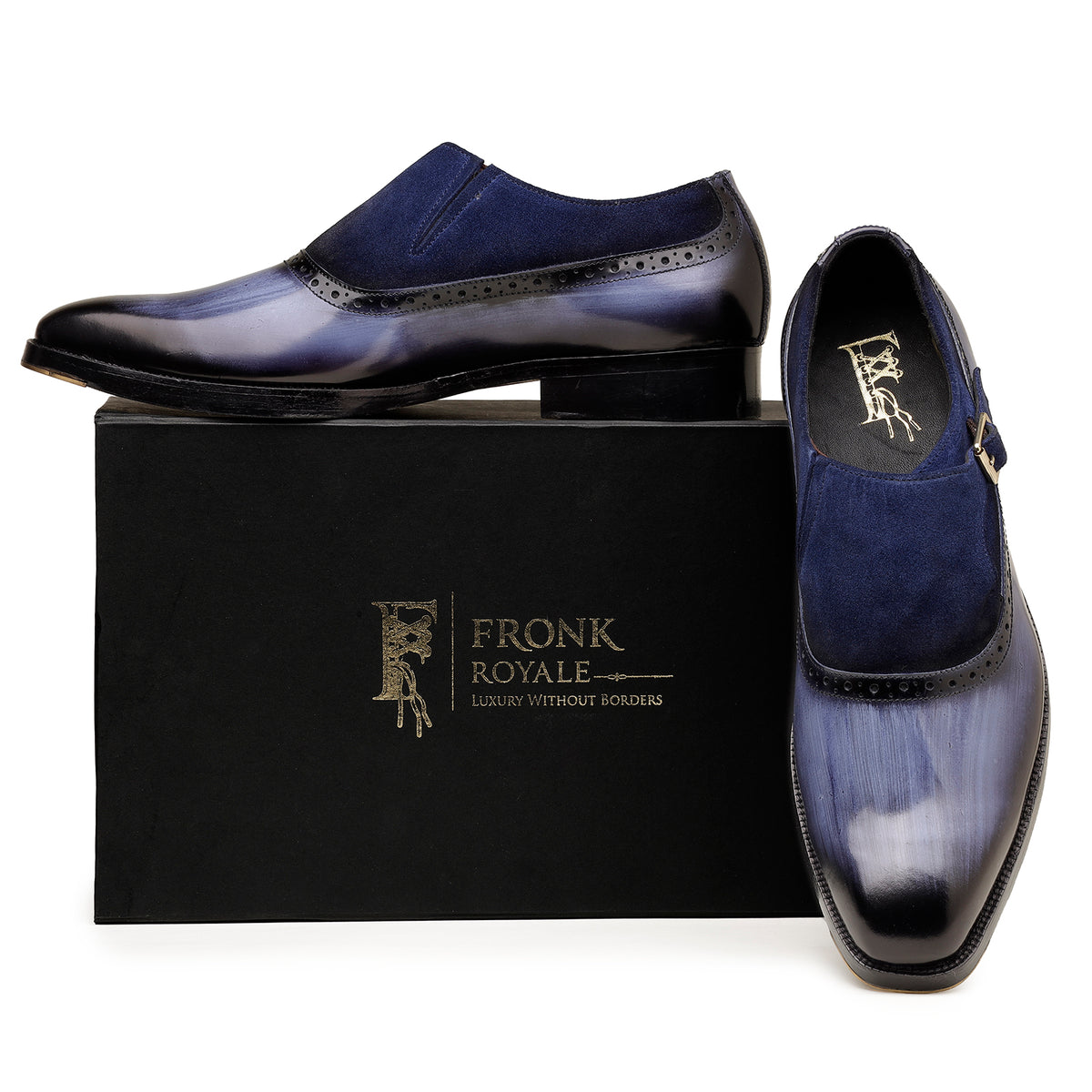 Blue Brush-Off Leather and Suede Single Monk Shoes