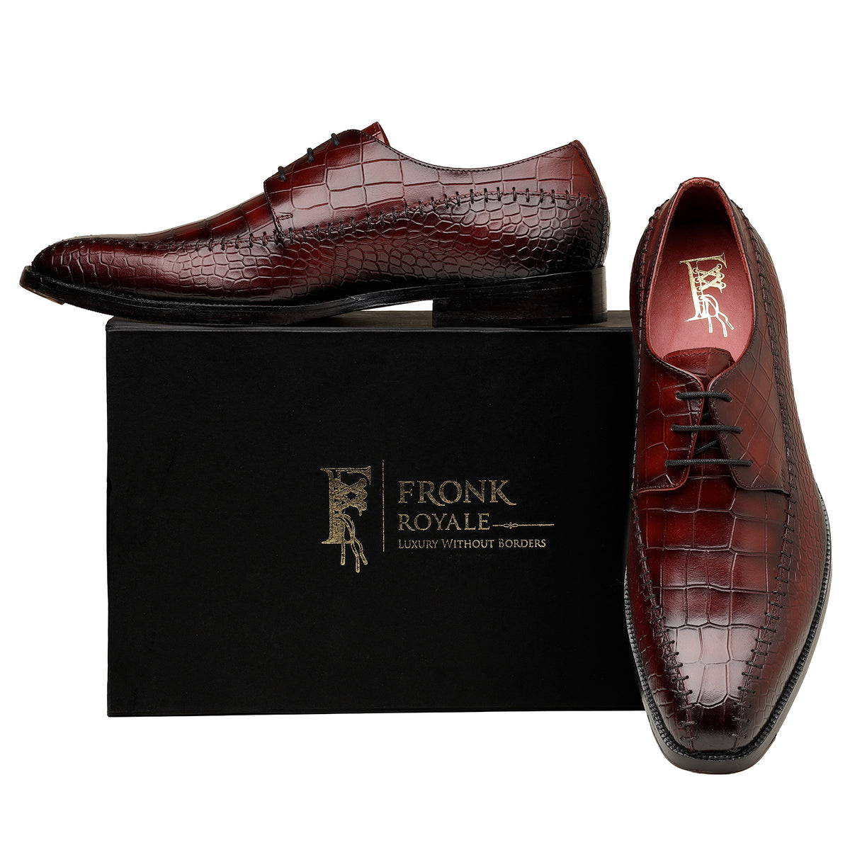 Burgundy Crocodile-Texture Derby Shoes