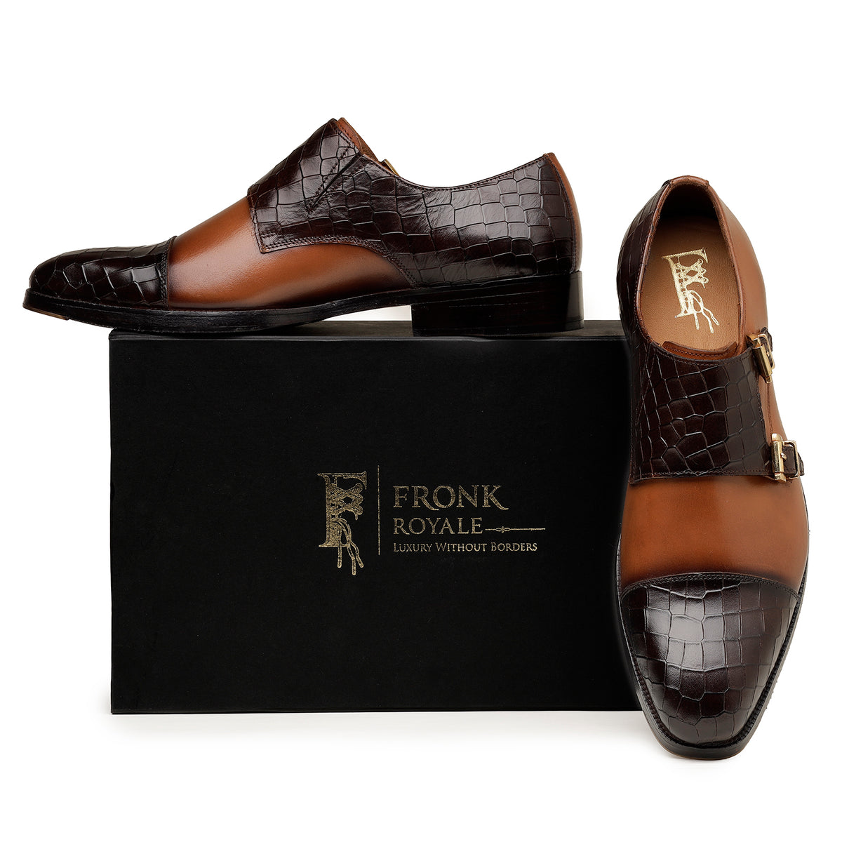 Brown-Blue Double-Monk Strap Shoes