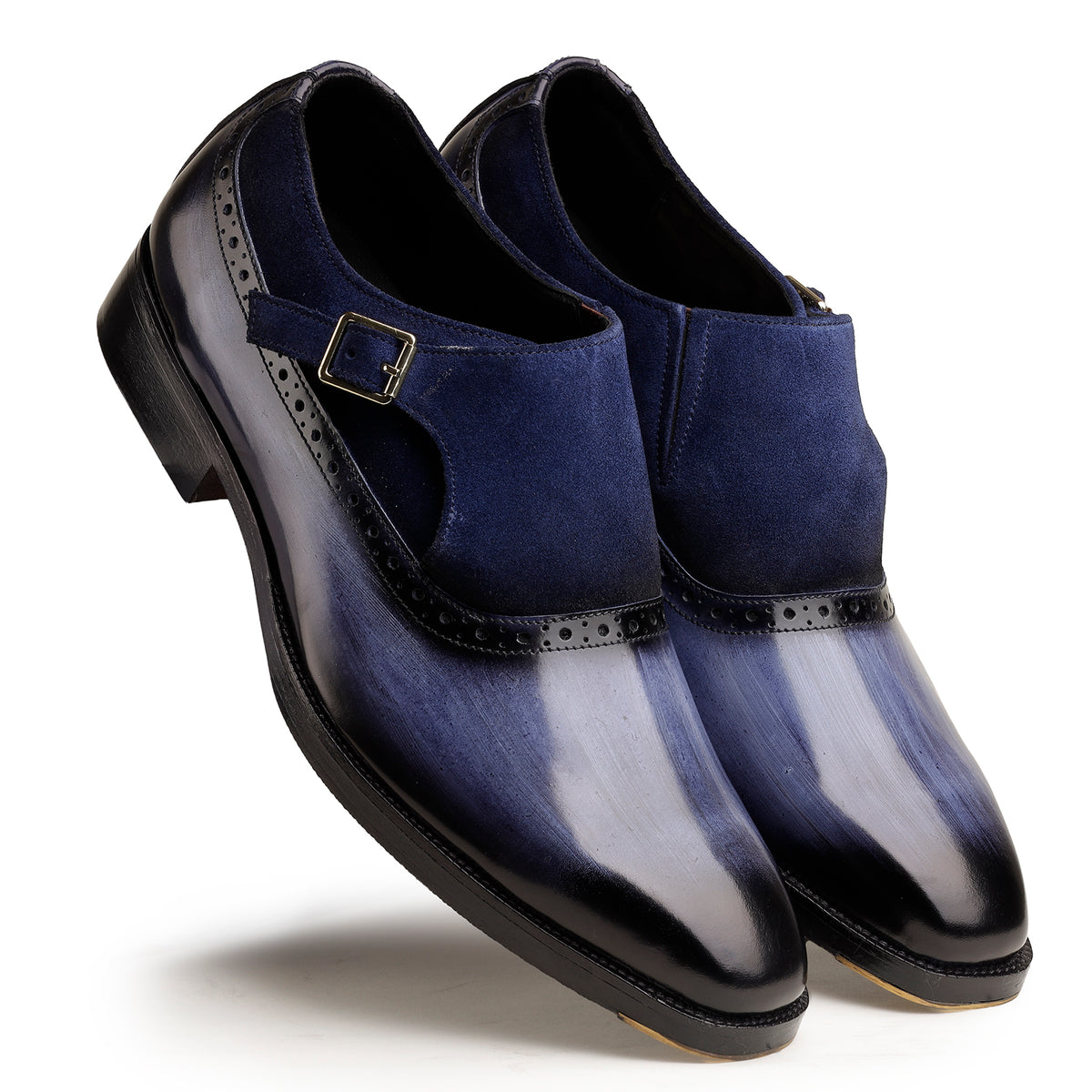 Blue Brush-Off Leather and Suede Single Monk Shoes