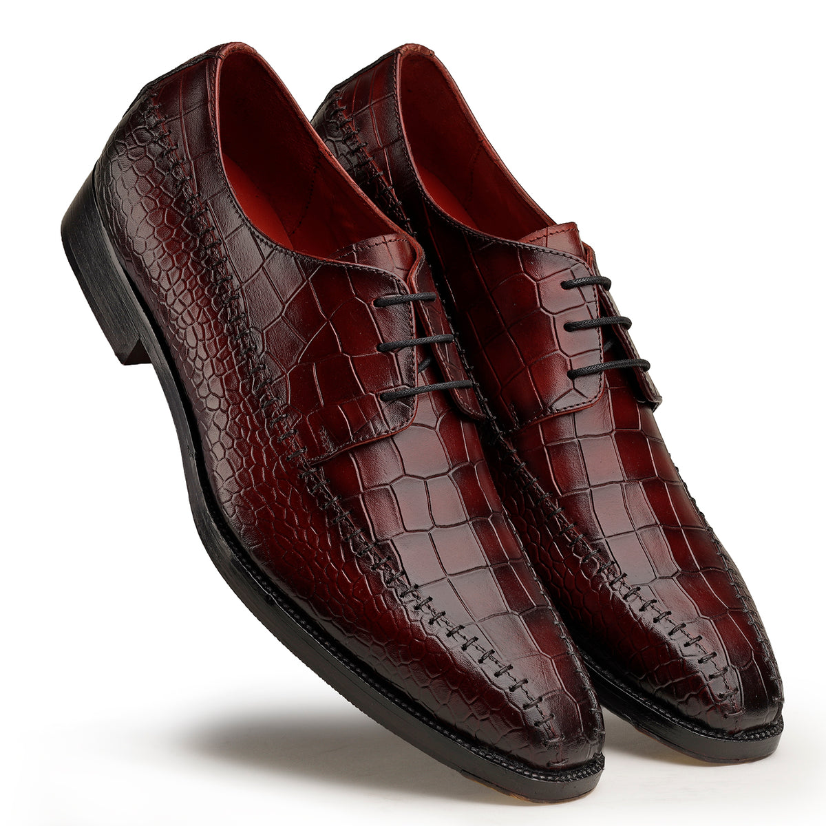 Burgundy Crocodile-Texture Derby Shoes