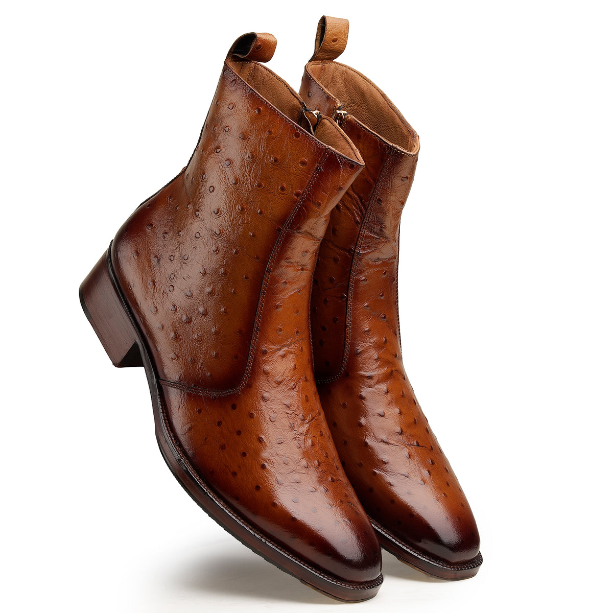Tan Ostrich-Texture Leather Boots