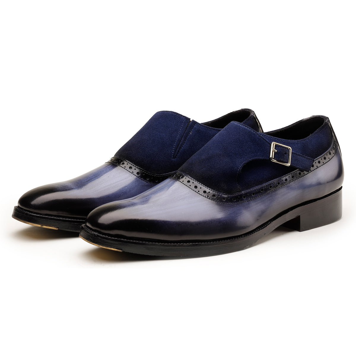 Blue Brush-Off Leather and Suede Single Monk Shoes