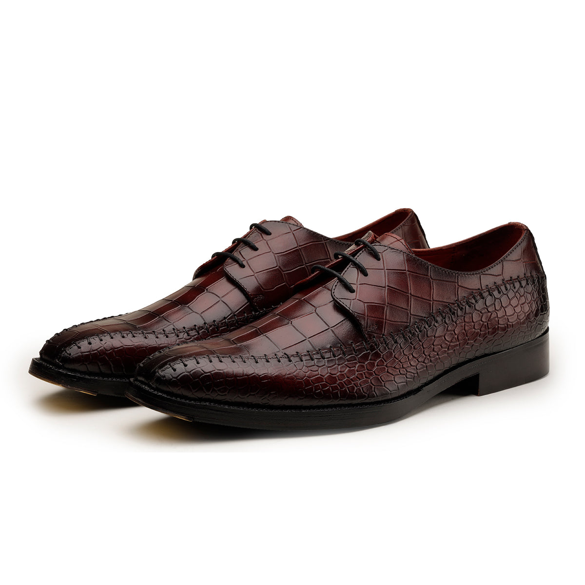 Burgundy Crocodile-Texture Derby Shoes