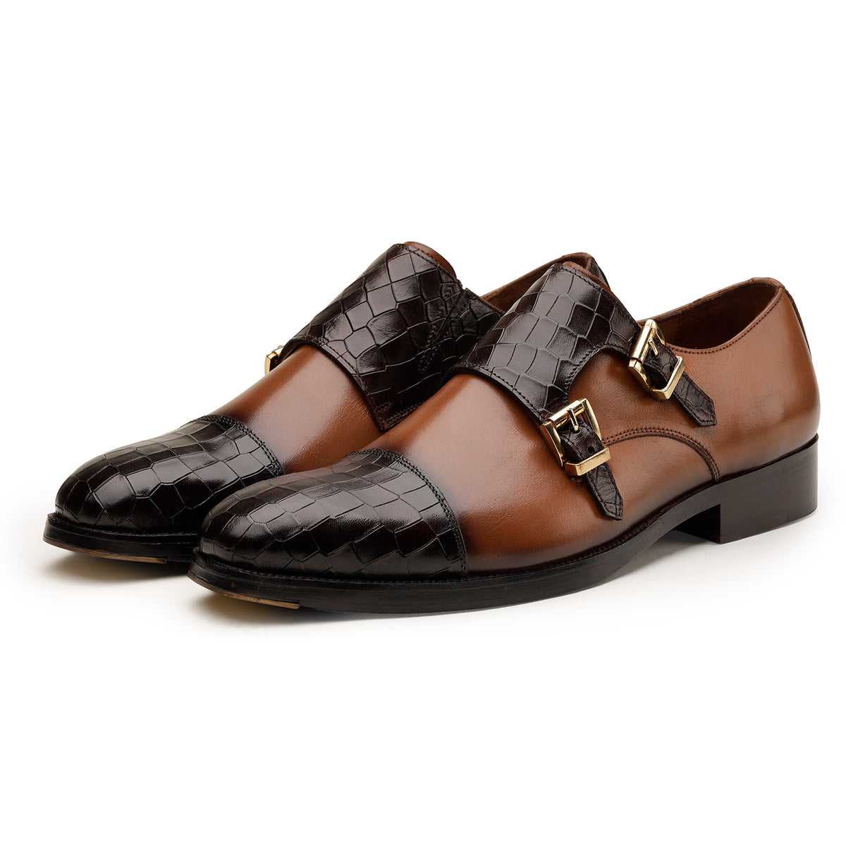 Brown-Blue Double-Monk Strap Shoes