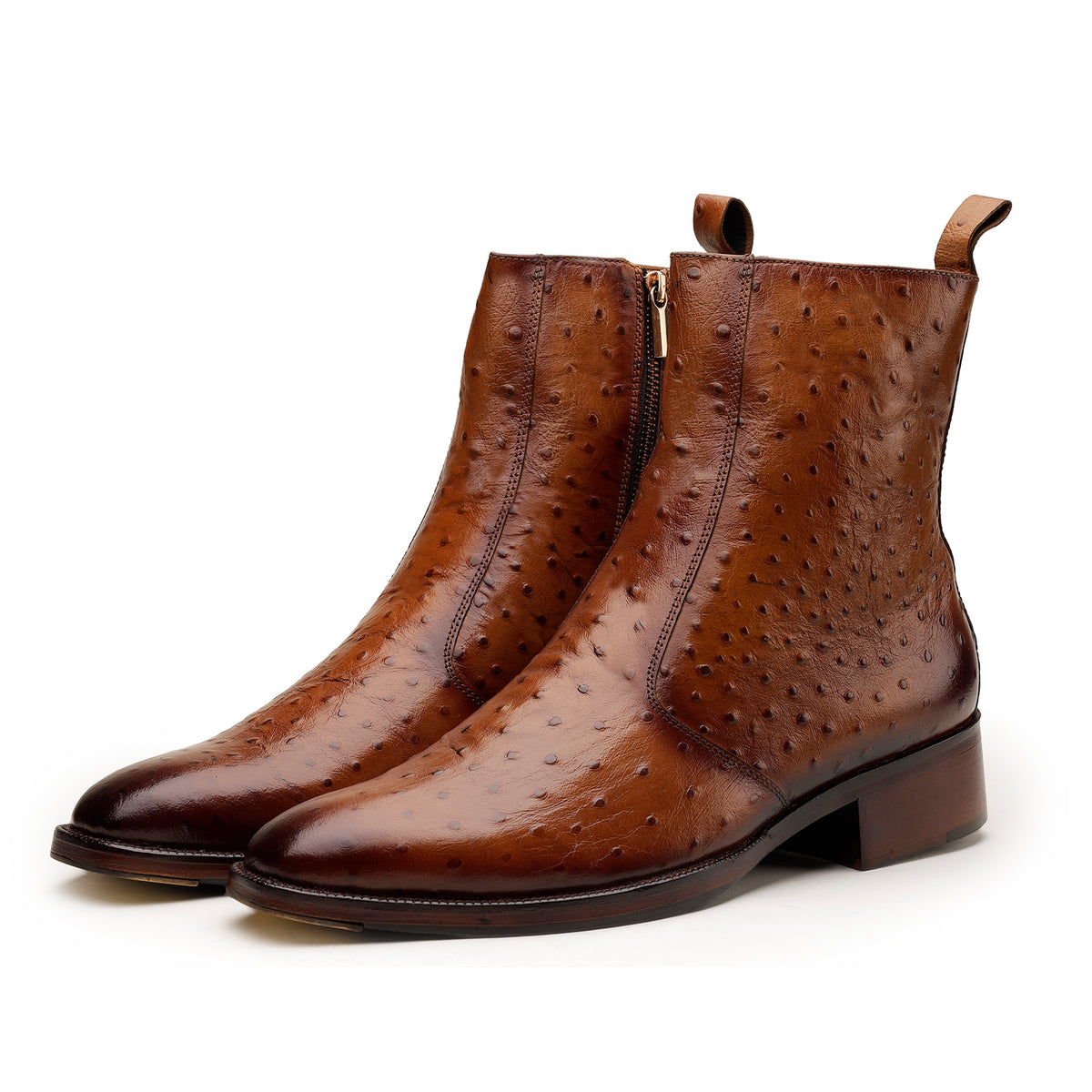 Tan Ostrich-Texture Leather Boots