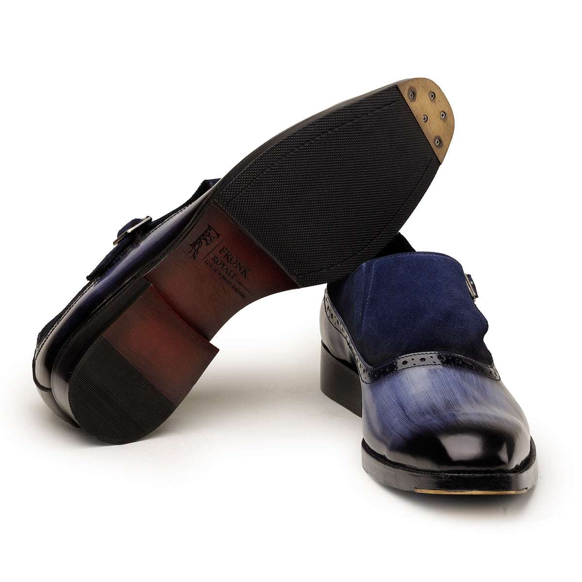 Blue Brush-Off Leather and Suede Single Monk Shoes