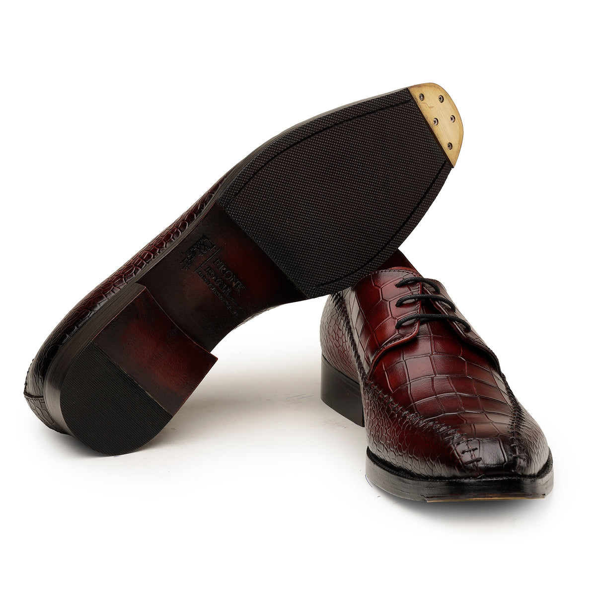 Burgundy Crocodile-Texture Derby Shoes