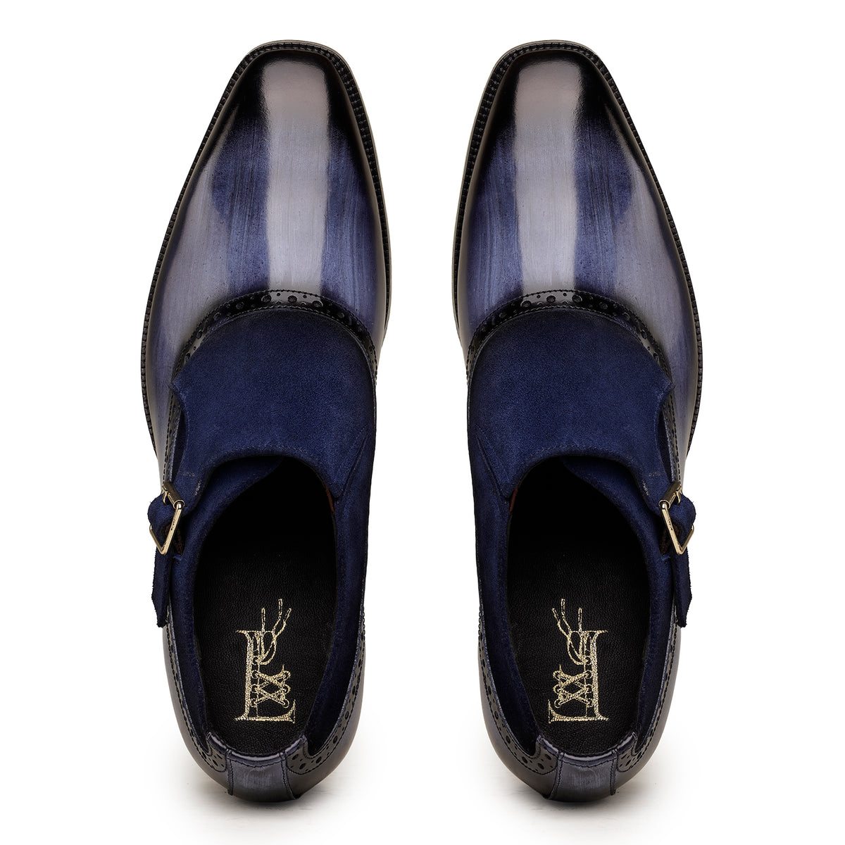Blue Brush-Off Leather and Suede Single Monk Shoes