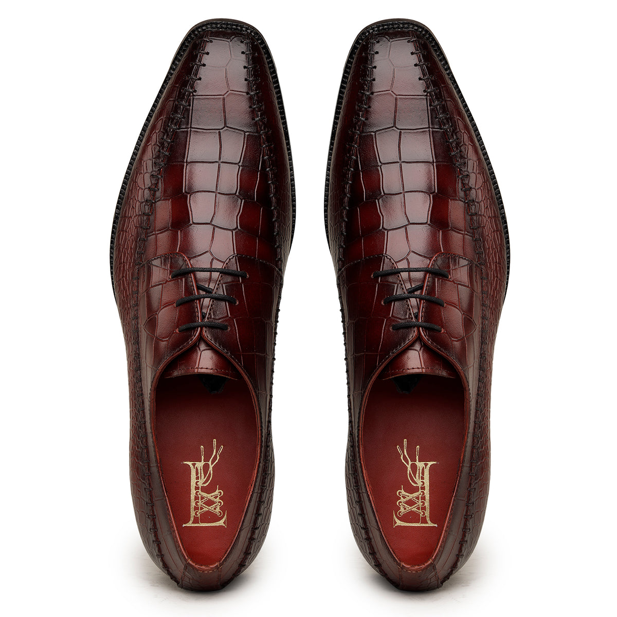 Burgundy Crocodile-Texture Derby Shoes