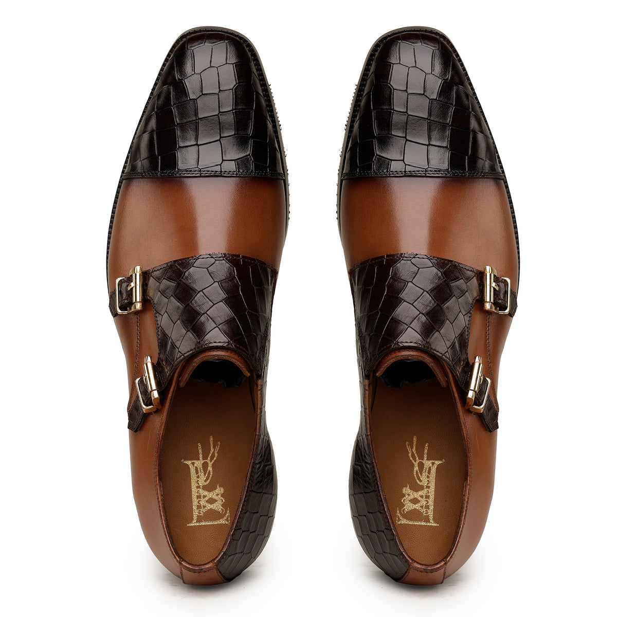 Brown-Blue Double-Monk Strap Shoes