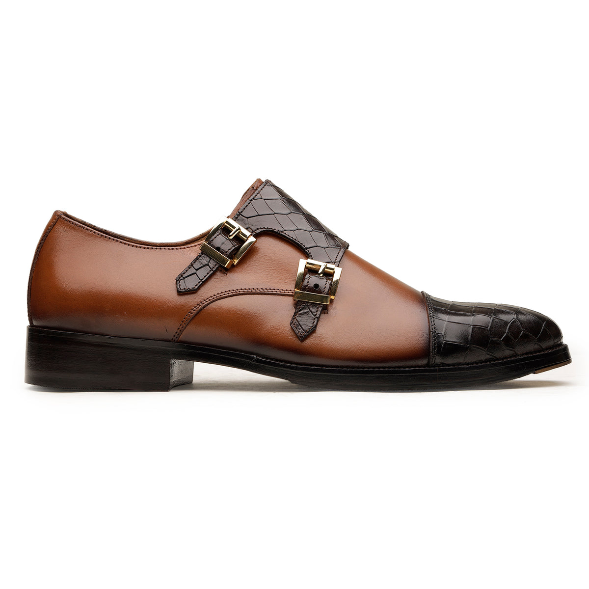Brown-Blue Double-Monk Strap Shoes