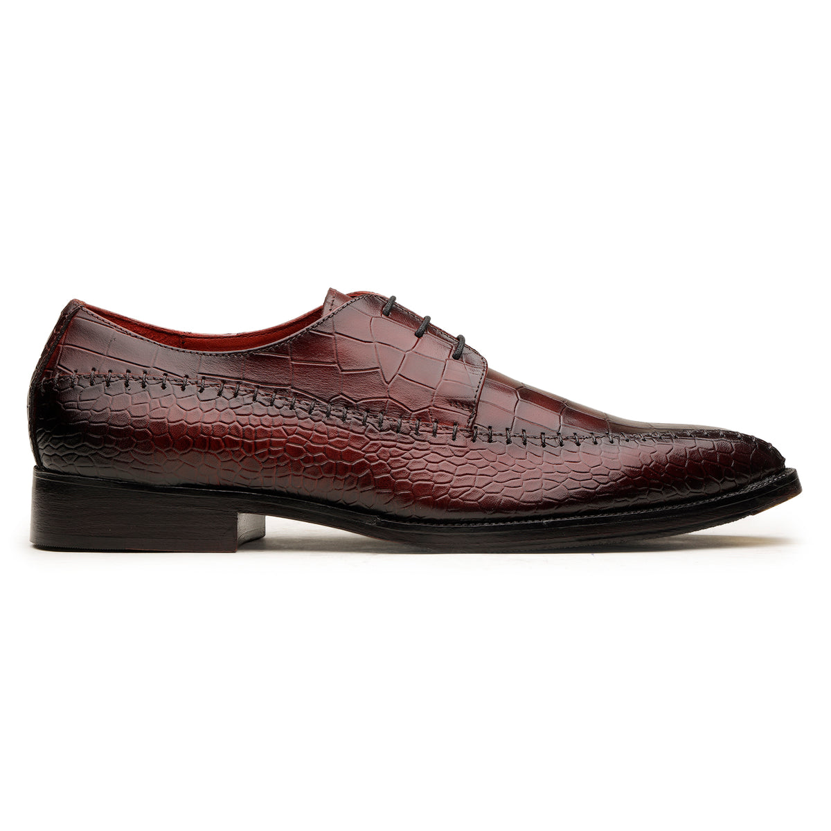 Burgundy Crocodile-Texture Derby Shoes