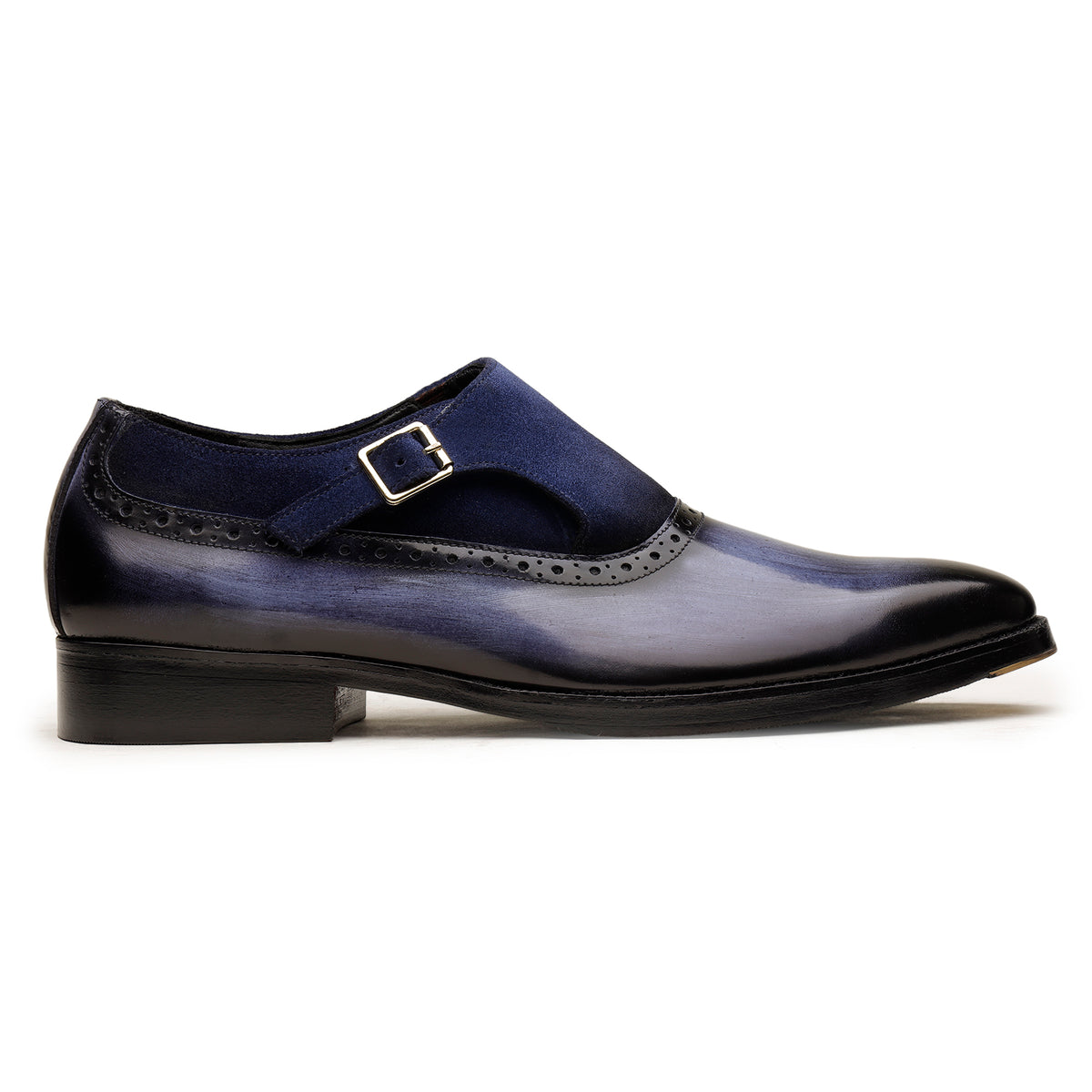 Blue Brush-Off Leather and Suede Single Monk Shoes