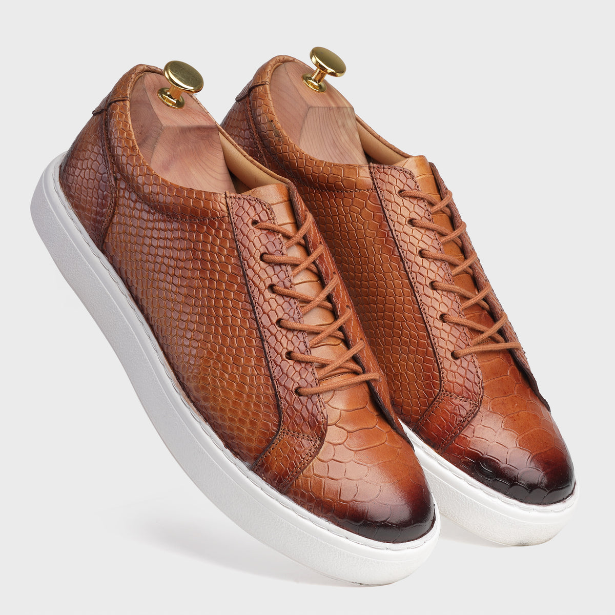 Cognac Snake-Embossed Leather Sneakers