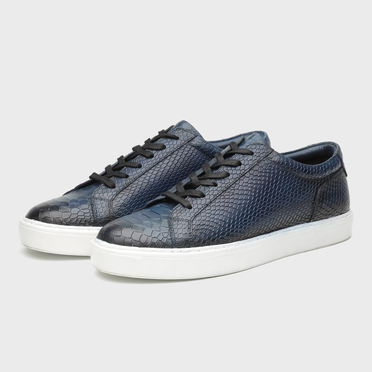 Midnight Blue Snake-Pattern Patina Sneakers