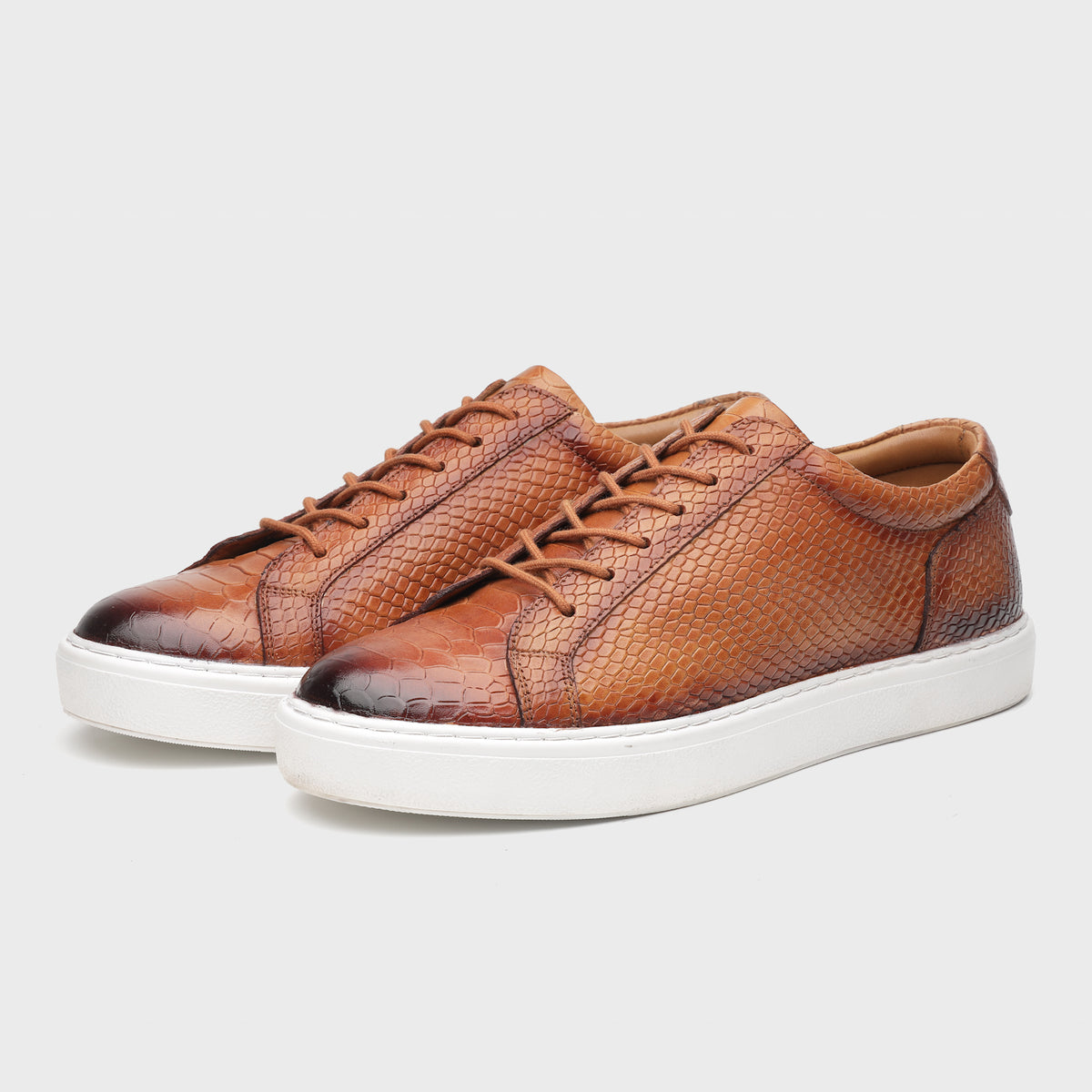 Cognac Snake-Embossed Leather Sneakers