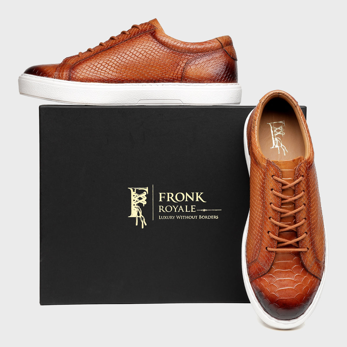 Cognac Snake-Embossed Leather Sneakers